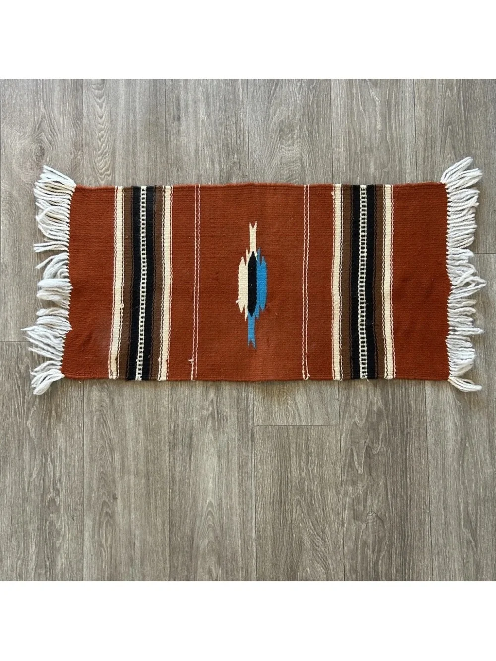 Vintage Handwoven Southwestern Wool Rug Mexican Style Rust Fringe 34.5x15.5